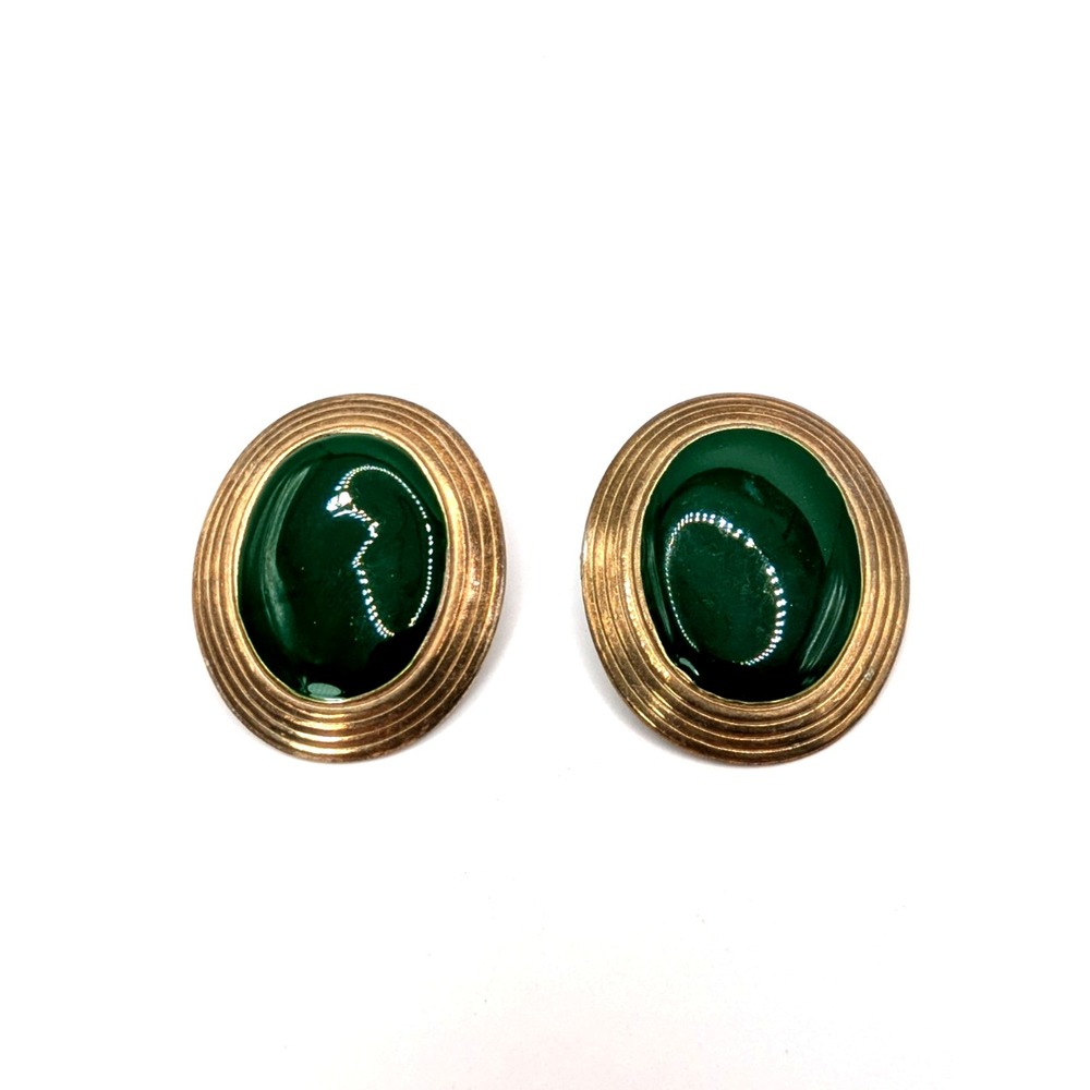 Vintage Green Oval Clip On Earrings Gold Tone Ridged Dome Lightweight 1980s 1.5"